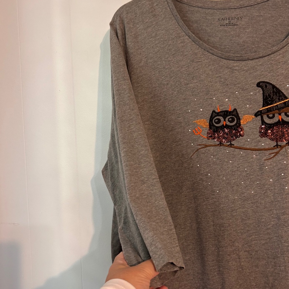Catherines Halloween Owl Sequin Top 3X Gray 3/4 Sleeve Plus Size Festive Shirt - Picture 4 of 5